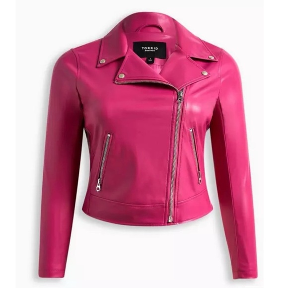 TORRID Faux Leather Moto Jacket Fuschia Pink 5X NWT Sz 28 Plus Y2K Glam Rock - Picture 1 of 7